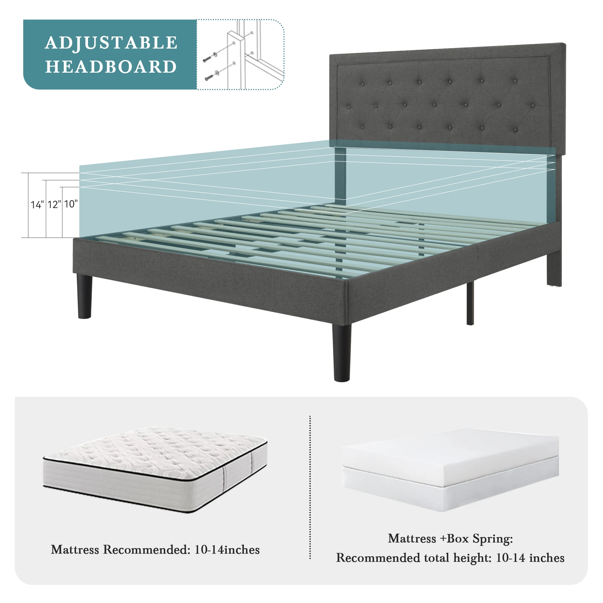 HOOMIC Upholstered Platform Bed Frame with Adjustable Modern Button Tufted Linen Fabric Headboard, No Box Spring Needed Allewie - Image 4