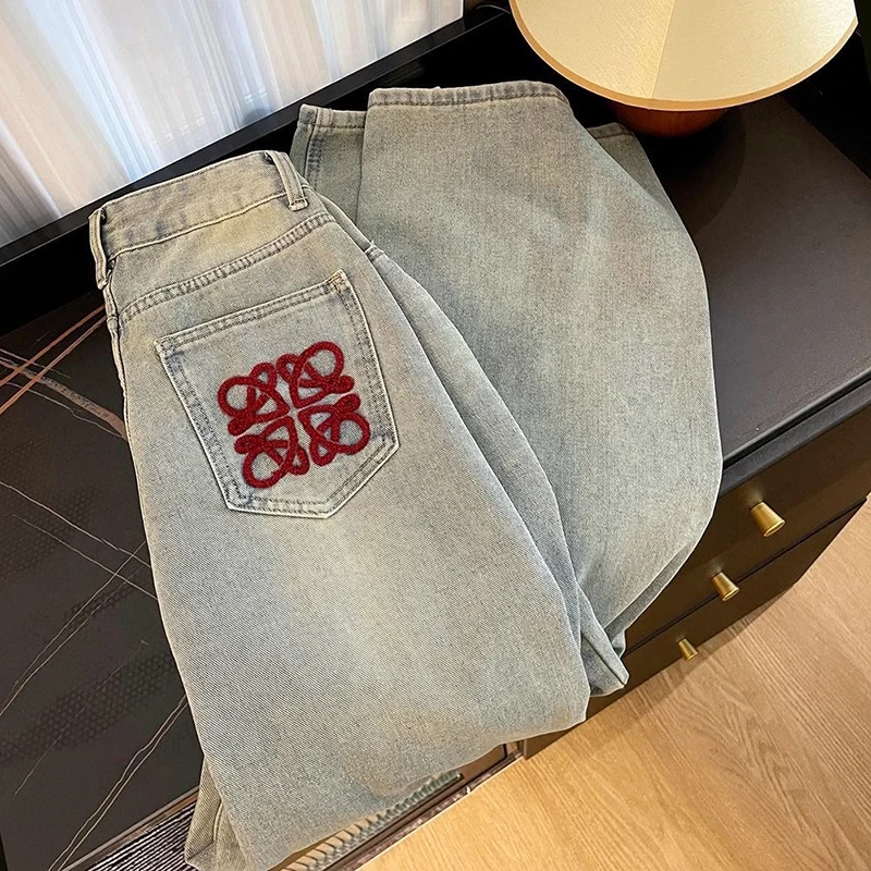 Embroidery Velvet Lined Wide Leg Jeans Winter Design Casual High Waist Baggy Straight Vaqueros Korea New Warm Woman Denim Pants - Image 3