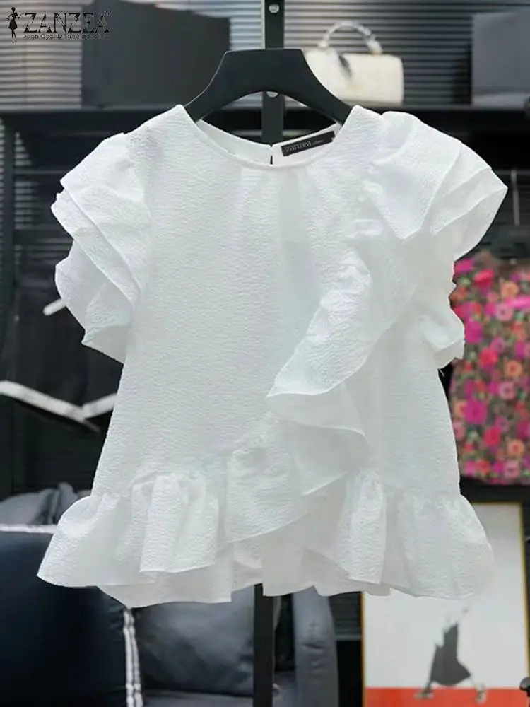 ZANZEA Women Chic Ruffle Blouse Vintage Short Sleeve Peplum Tops Holiday Summer Round Neck Tunic Casual Multilayer Pleated Shirt - Image 2