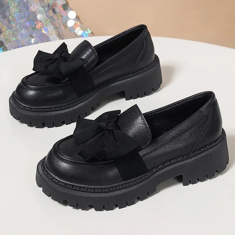 Spring Bowknot Platform Loafers Women Black Faux Leather Slip On Flats Shoes Woman College Style Thick Sole Dress Shoes Size 42 - Image 6