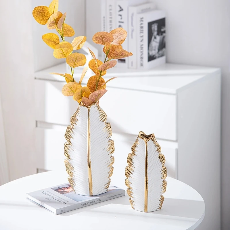 2Pcs/Nordic black gold plating leaf ceramic vase Modern simple household TV cabinet decoration vase - Image 2
