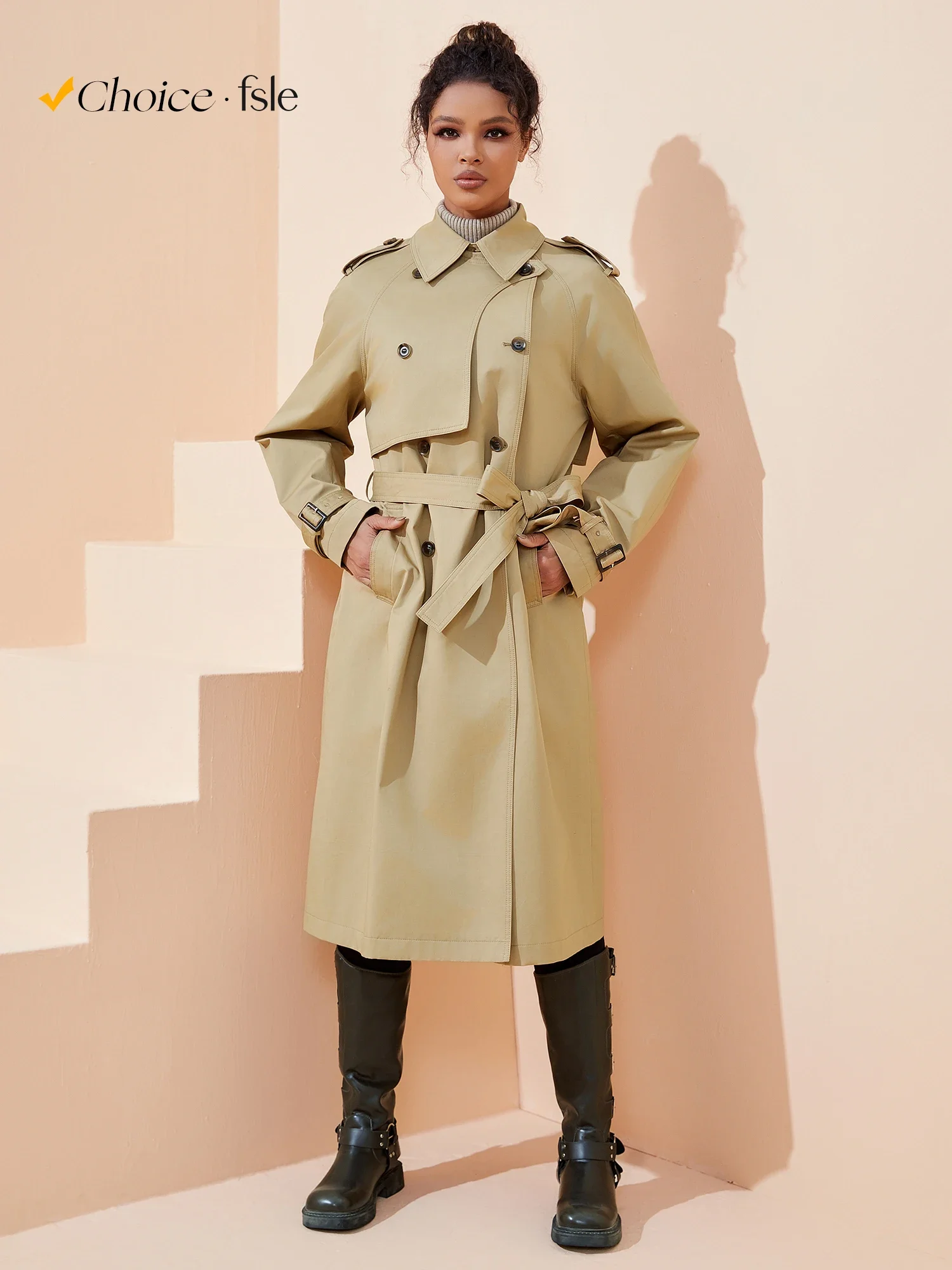 FSLE Women Trench Khaki Autumn Long Trench Coats Turn Down Collar Full Sleeve 100% Cotton Women Oversized Trench 24FS11325 - Image 2