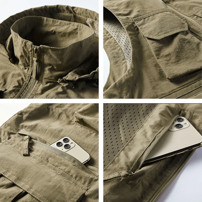 Spring New Outdoor Hooded Fishing Vest Mens Solid Breathable Multi-Pocket High Quality Vest Coat Detachable Hat Sports Vest Male - Image 6