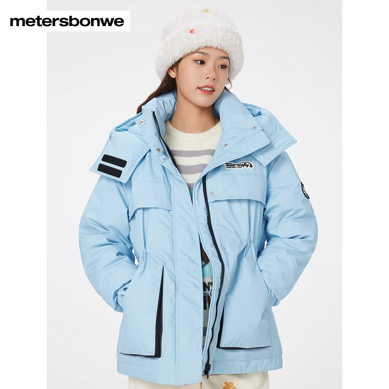 Metersbonwe Women's Jacket Puffer 90 White Duck Down Waist Drawstring Cargo Jackets Hooded Thickened Sporty Warm Wear Winter - Image 3