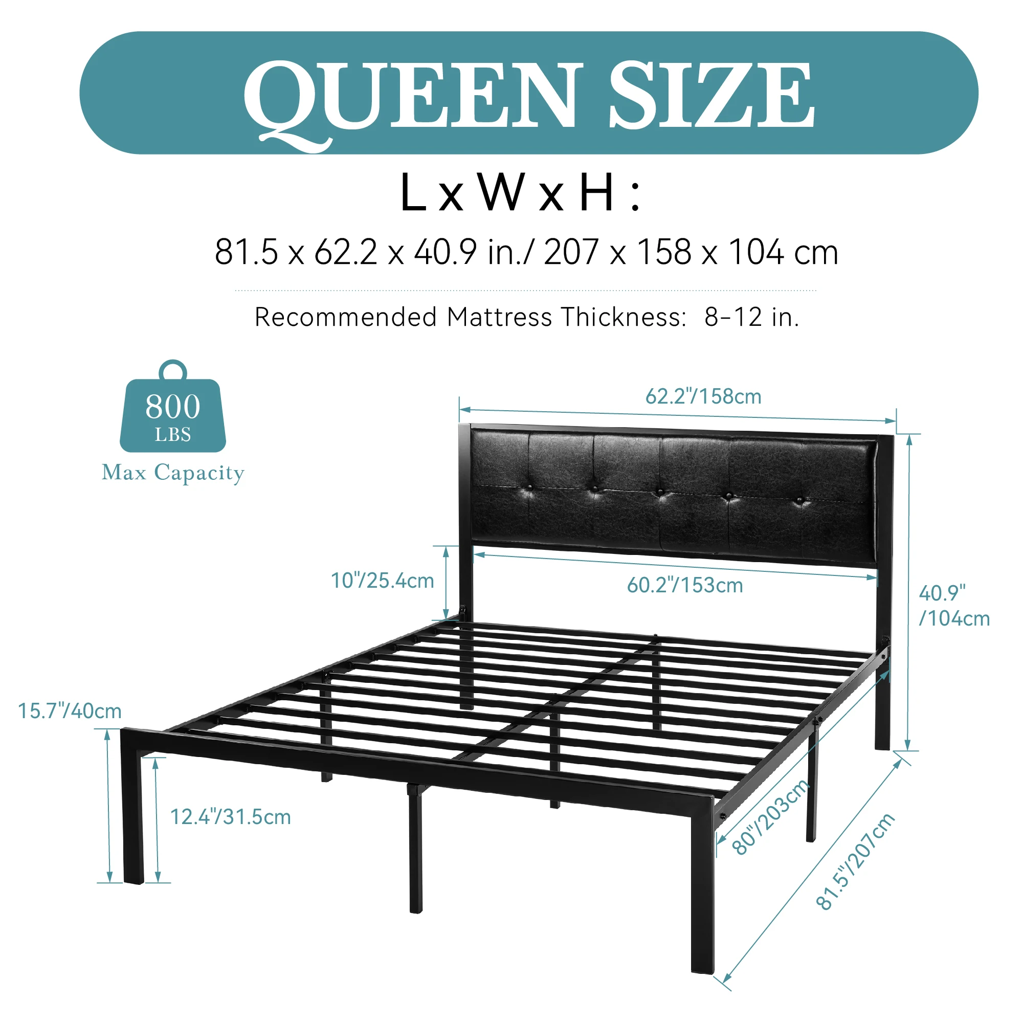 HOOMIC Metal Bed Frame, Upholstered Headboard with Square Stitched, Classic Button Tufted, Faux Leather, No Box Spring Needed - Image 5