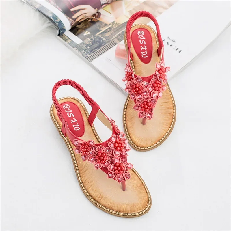 YAERNI Women Sandals New Fashion Bead Flower Round Toe Flip-flop Sandals Female Trend Summer Shoes Woman Plus Size 36-42 - Image 2
