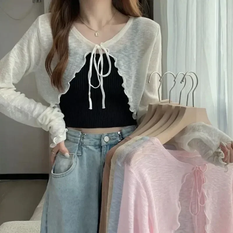 Summer Women Thin Sunscreen Cardigan Lace-up Knitwear Tops Female Korean Style Lantern Sleeve Short Coat Casual Sun Protected - Image 5