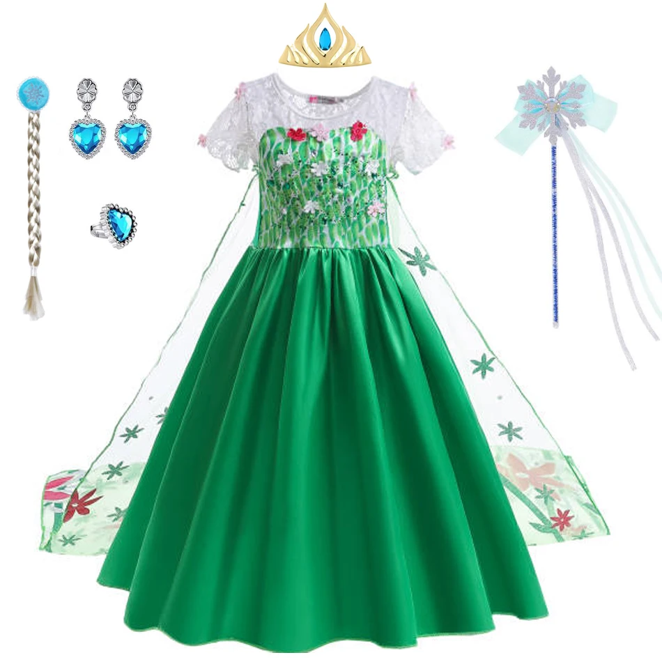 Elsa Green Dress for Kids Girl Princess Costume Dresses Children Long Cloak Floral Lace Ball Gown Summer - Image 4