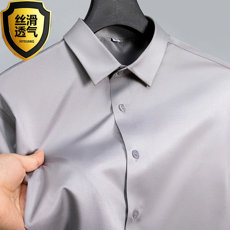 Summer shirt, men's white glossy non ironing shirt, men's wrinkle resistant ice silk casual high-end seamless business shirt - Image 3