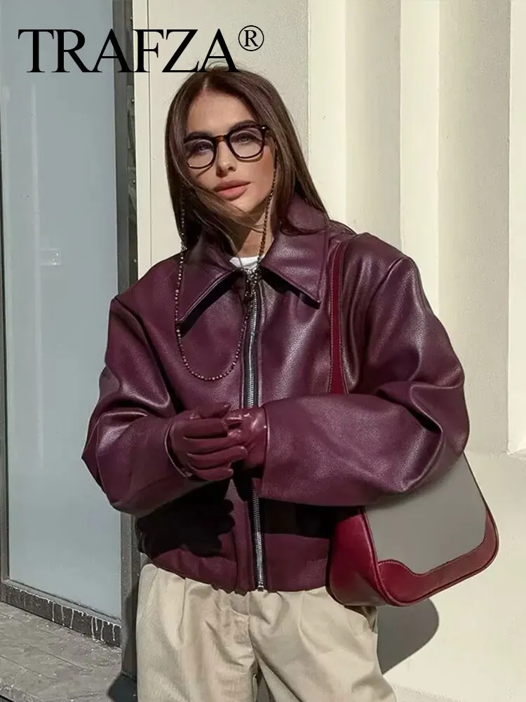 TRAFZA Wine Red Faux Leather Jakcet Fashion Outerwear Thicken Zipper Lapel Pu Coats Autumn Winter Streetwear Ladies Tops Women - Image 3