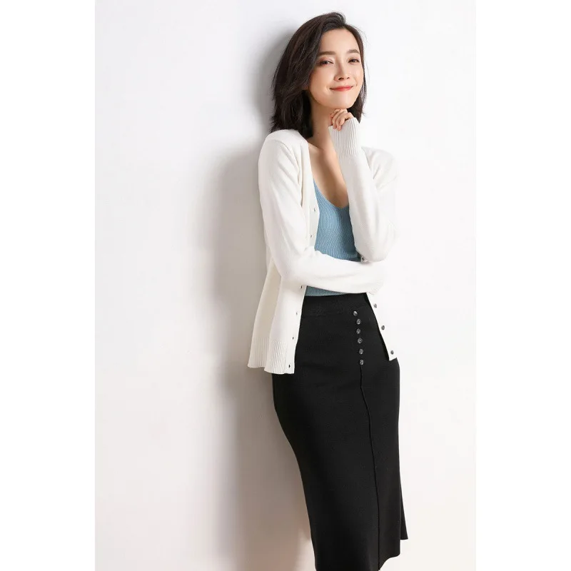 Cardigans Women 2022 Autumn Single Breasted V-neck Knitted Sweater Fashion Short Knitwear Solid Blue Green Pink Women's Jumpers - Image 5