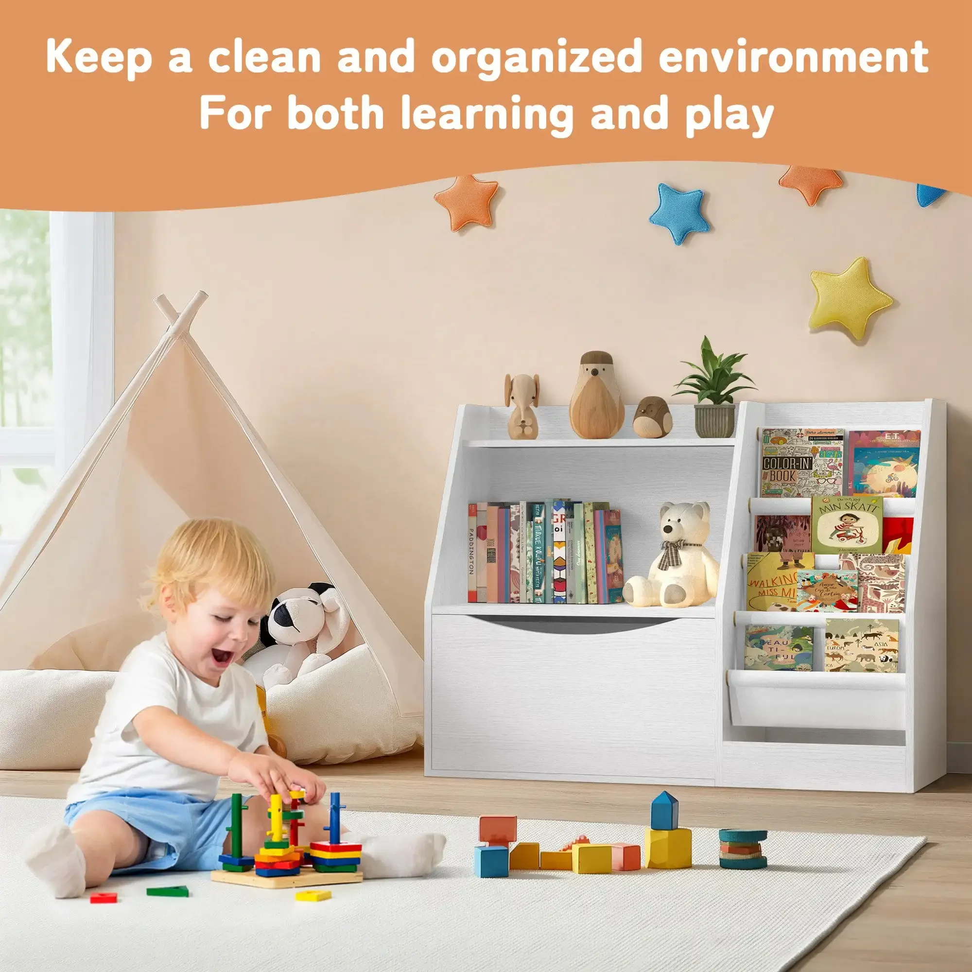 Bookshelf with Flip-Top Drawer, 3 Tier Kids Bookcase Toy Storage Organizer with 4 Layer Sling Bookshelf for Playroom Bedroom - Image 4