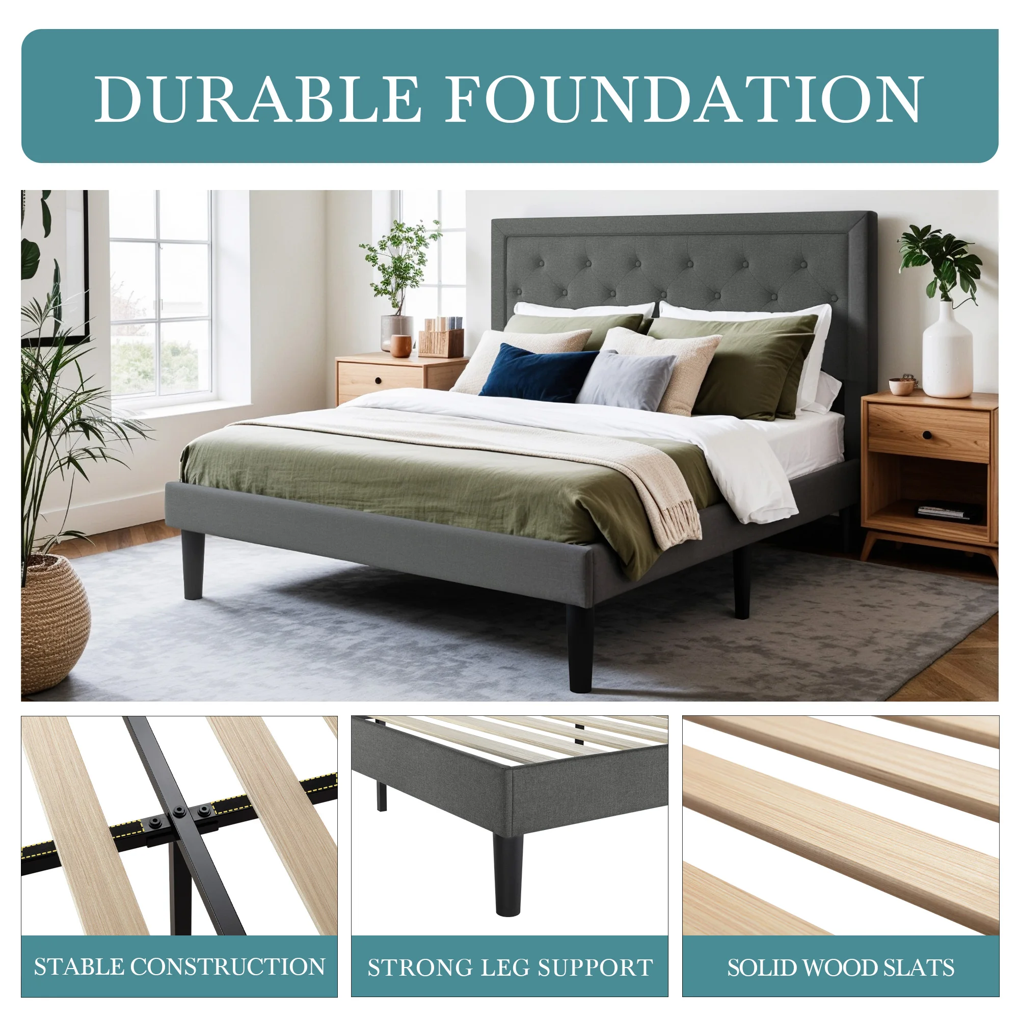 HOOMIC Upholstered Platform Bed Frame with Adjustable Modern Button Tufted Linen Fabric Headboard, No Box Spring Needed Allewie - Image 5