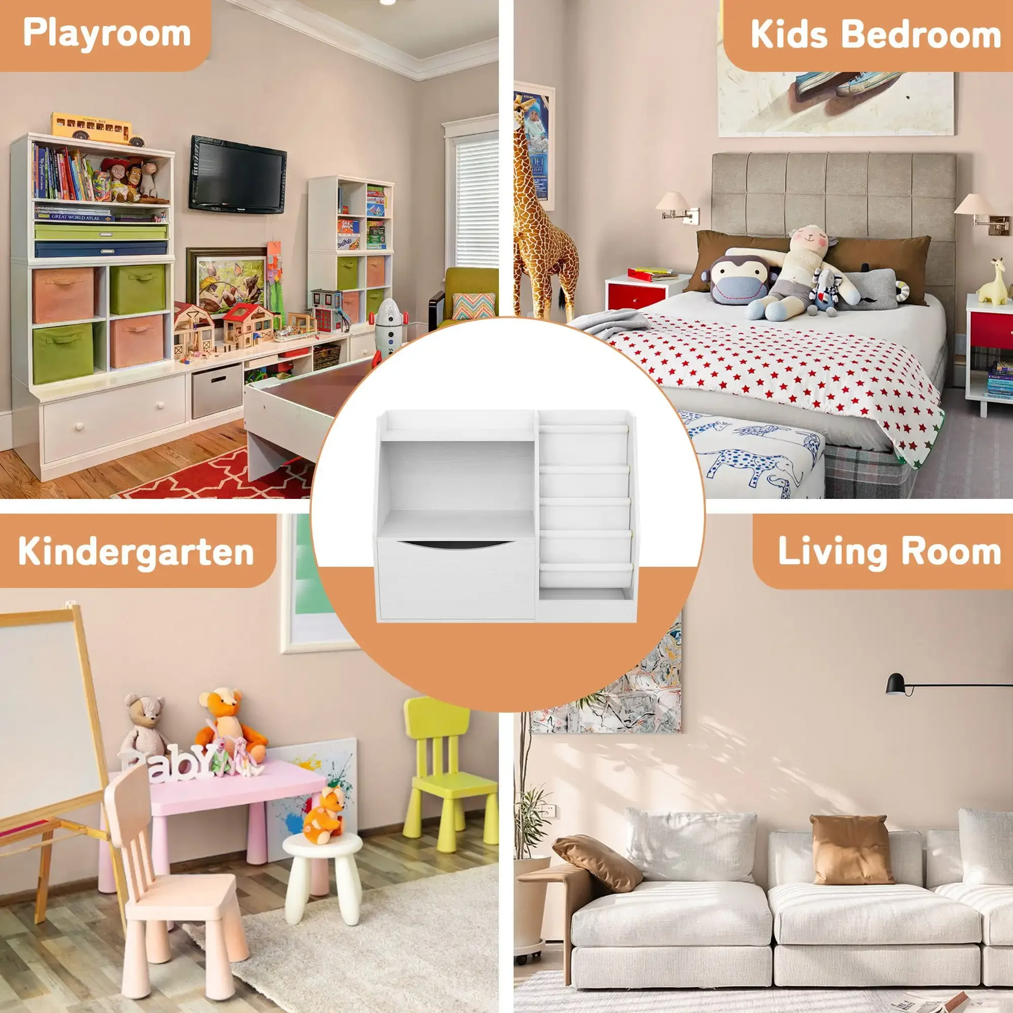 Bookshelf with Flip-Top Drawer, 3 Tier Kids Bookcase Toy Storage Organizer with 4 Layer Sling Bookshelf for Playroom Bedroom - Image 6