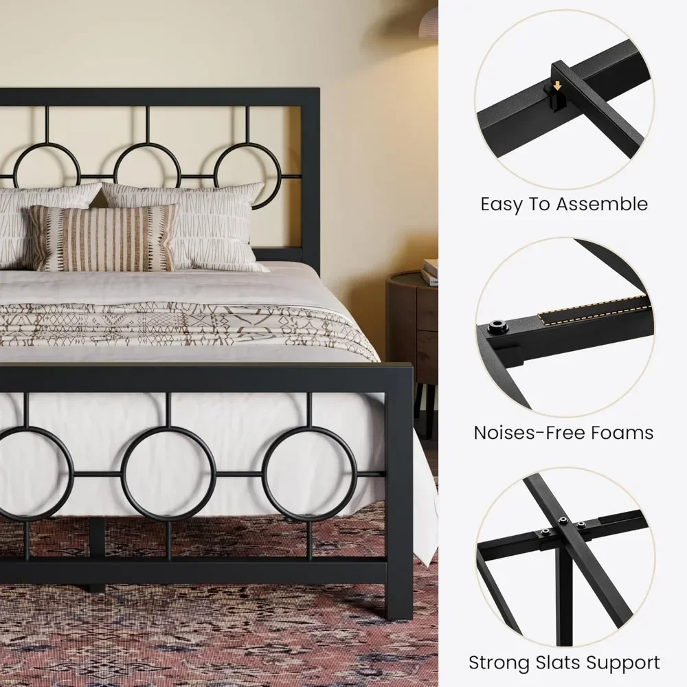 Full Size Bed Frame with Vintage Circular Design Headboard and Footboard, No Box Spring Required, Easy Assembly, Noise-Free - Image 5