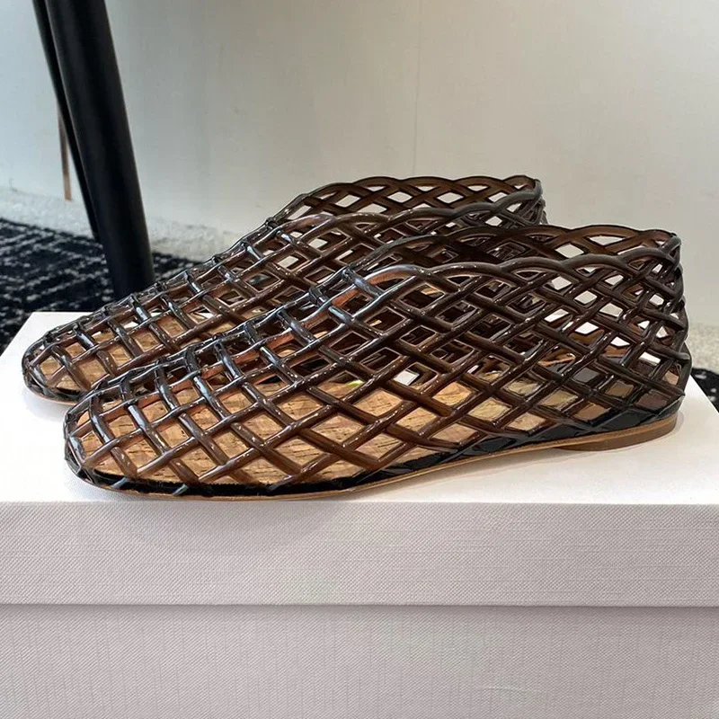 Summer Fashion Plastic Jellies Single Shoes Women Woven Mesh Ballet Flats Sandals Round Toe Transparent Hollow Design Beach Shoe - Image 2