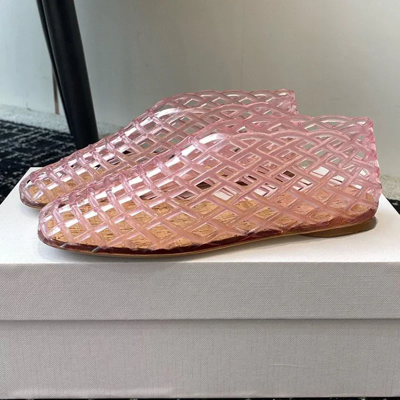 Summer Fashion Plastic Jellies Single Shoes Women Woven Mesh Ballet Flats Sandals Round Toe Transparent Hollow Design Beach Shoe - Image 4
