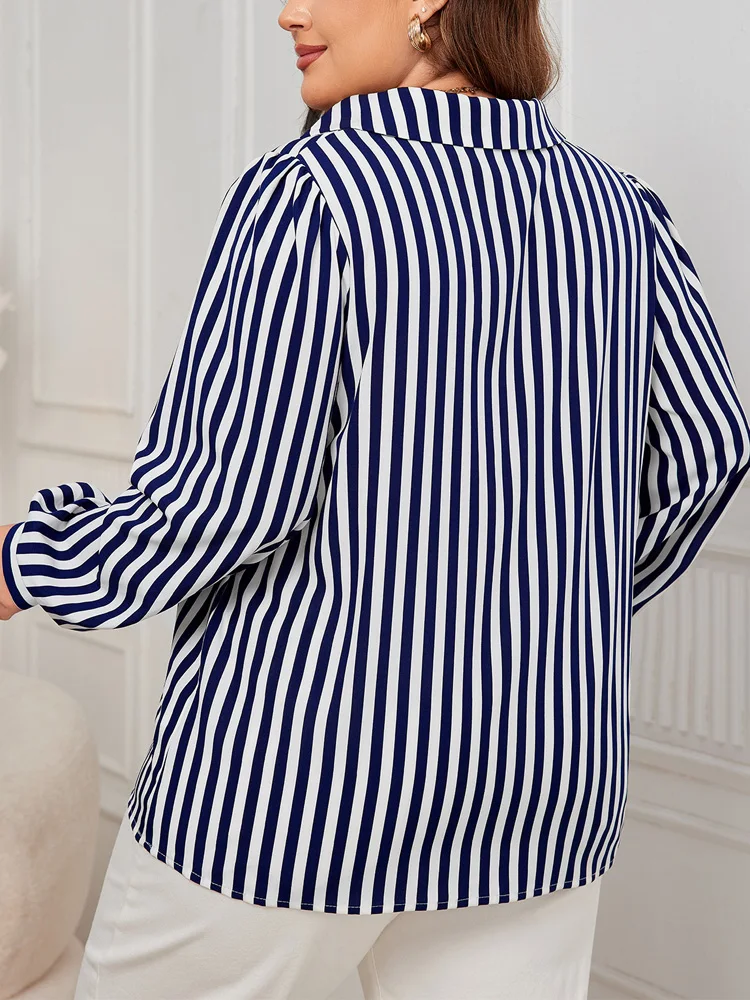 GIBSIE Plus Size Blue And White Striped Shirt Woemn Autumn New Polo Collar Long Sleeve Button Front Casual Loose Blouses Tops - Image 2