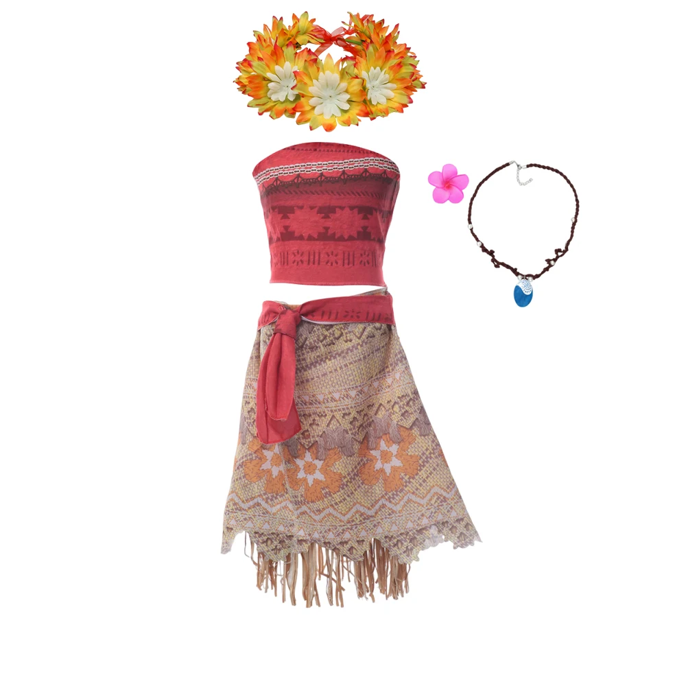 Girl Moana Costume Princess Cosplay Dress Summer Sleeveless Children's Dresses Girl Carnival Costume With Wreath Wig Necklace - Image 4