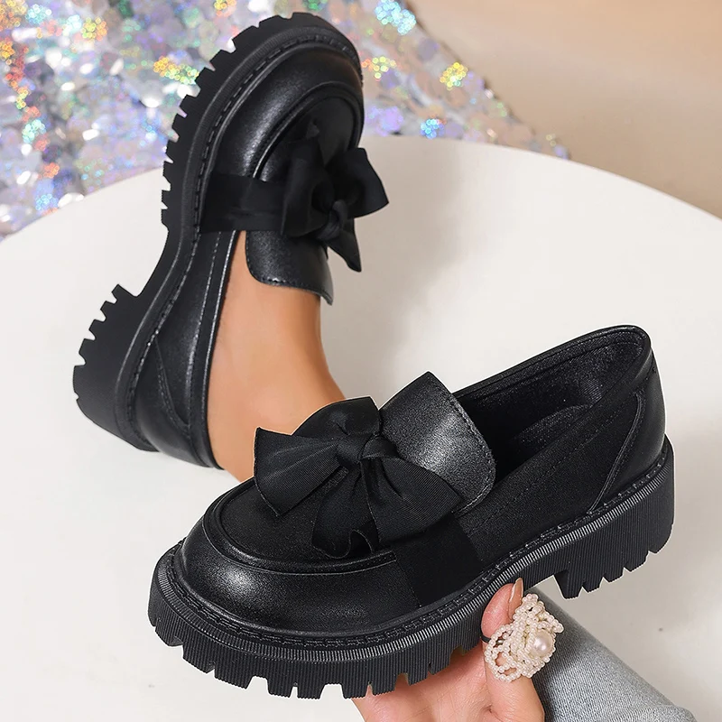 Spring Bowknot Platform Loafers Women Black Faux Leather Slip On Flats Shoes Woman College Style Thick Sole Dress Shoes Size 42 - Image 2