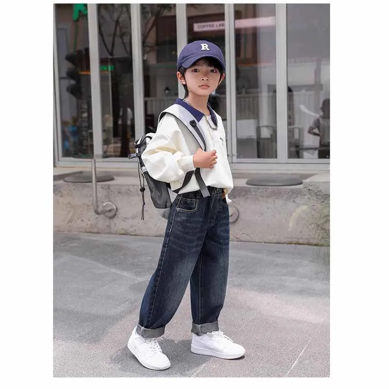 2024 Boys Fashion Jeans Children's Loose Casual Pants Spring Autumn New Kids Elastic Waist Pocket Letter Trousers 5-14 Years Old - Image 5