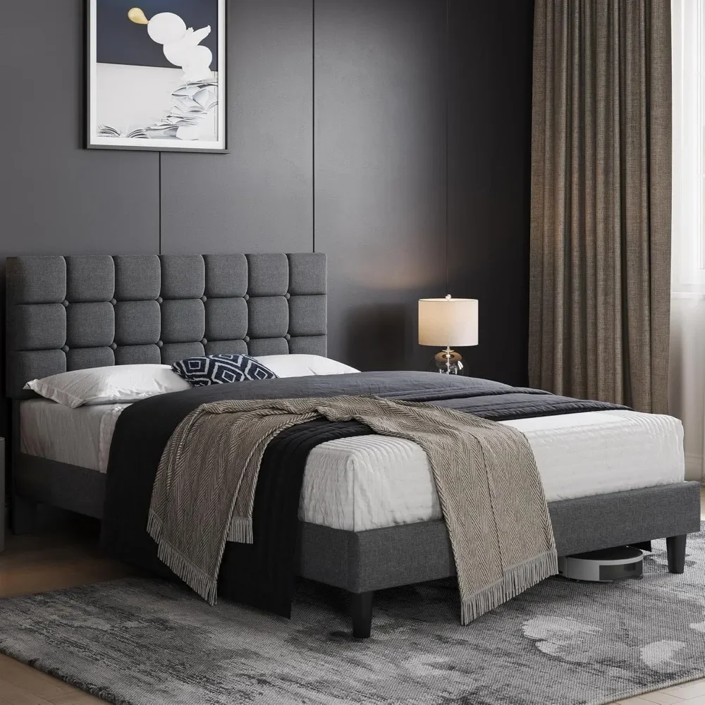 Upholstered Bed Frame, Modern Queen Bed Platform with Square Stitched&Button Tufting Headboard Height Adjustable - Image 3