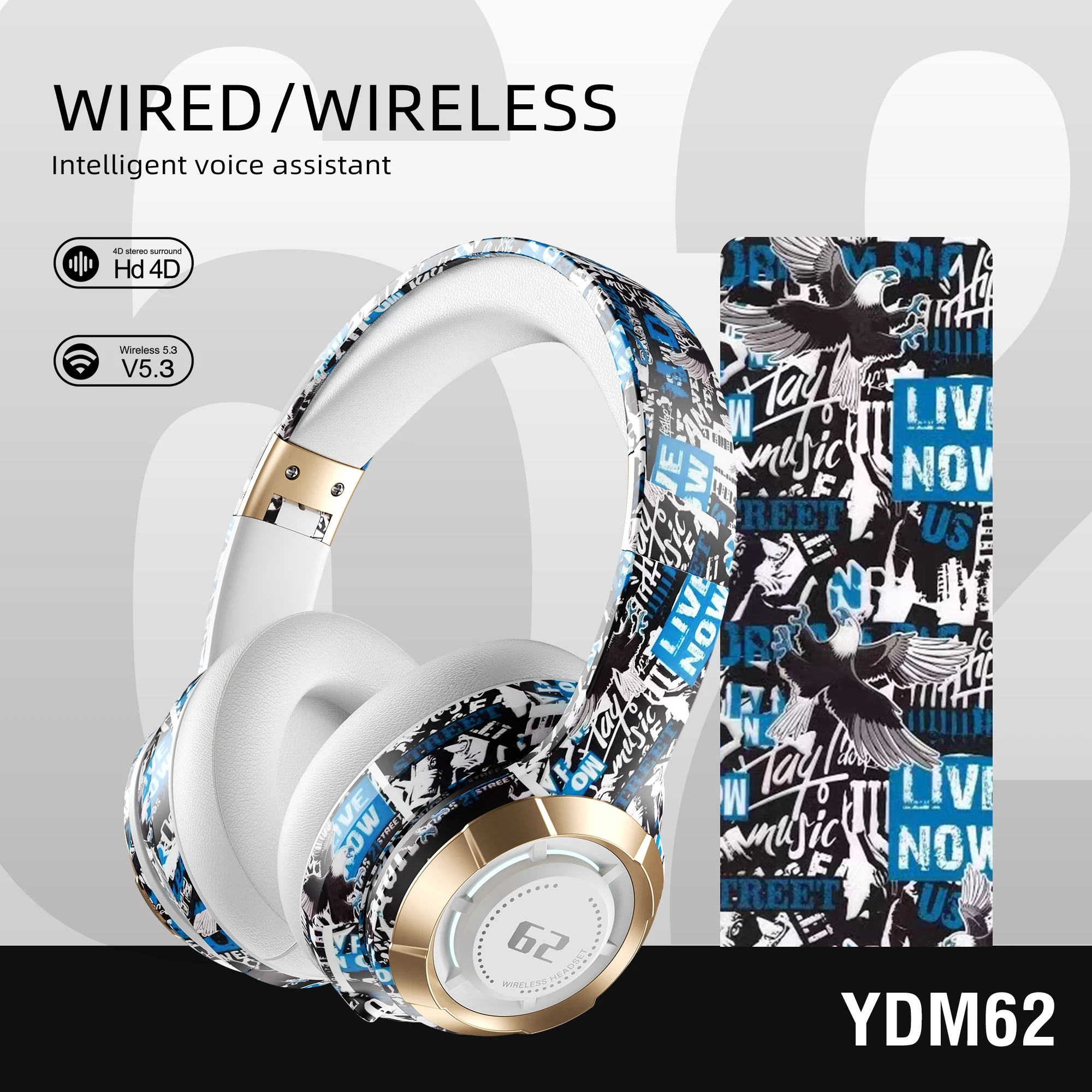 YDM62 Wireless Headphones HiFi Stereo Over Ear Bluetooth Headset With Mic Supports TF Noise Cancel Earphone For Cellphone PC - Image 3