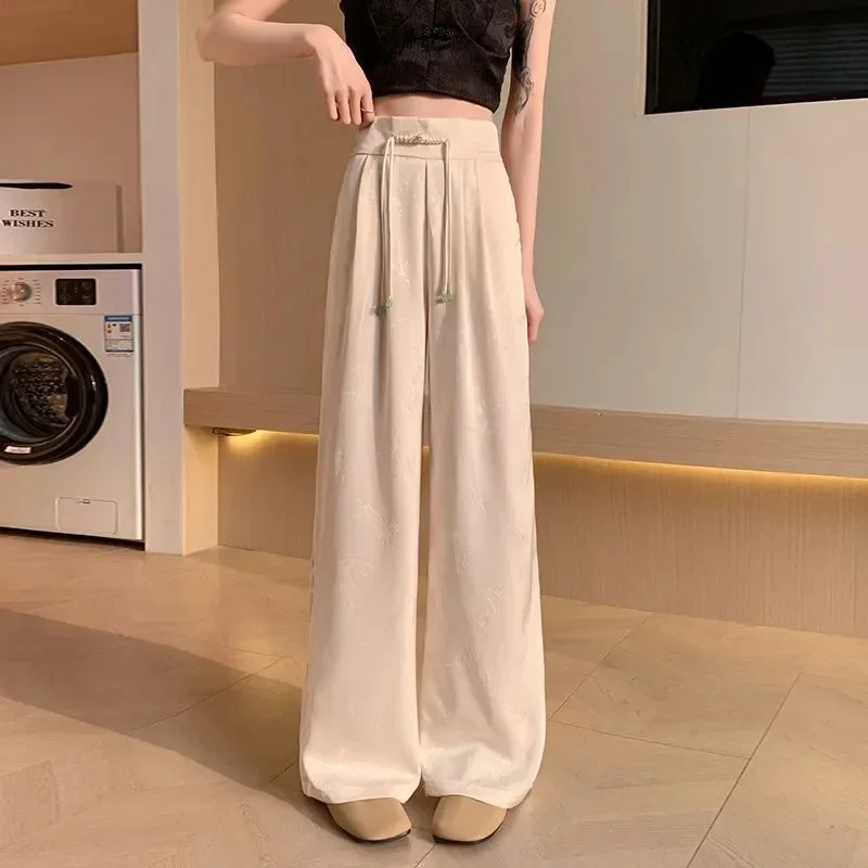 Summer Chinese National Style Jacquard Wide-Leg Pants Women's High Waist Casual Pants Black Spring Autumn Fashion Trousers - Image 5