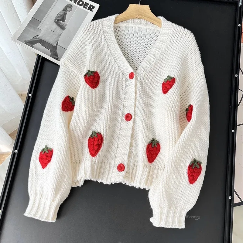 Fashion age reduction three-dimensional embroidery strawberry jacquard knitted cardigan soft waxy skin V-neck sweater - Image 2