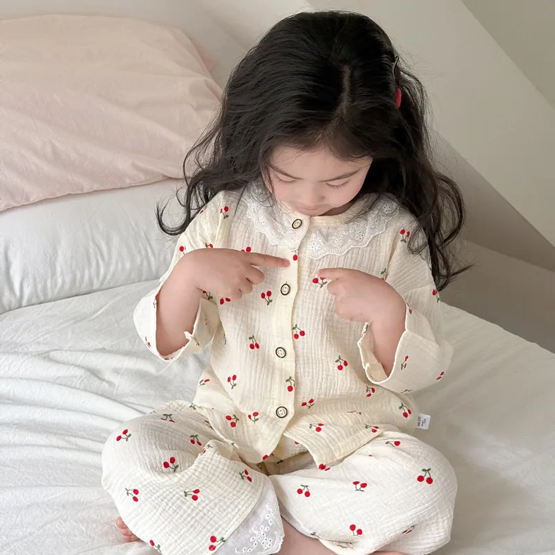 Girls Homewear Set Mom Daughter Family Matching Clothes Suit Lace Princess Pajama Muslin Cotton Outfit Baby Sleepwear Tops+Pants - Image 4