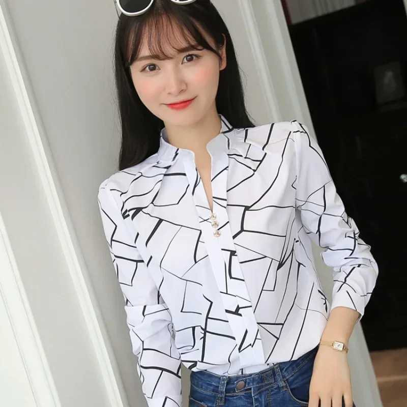 Women's Blouses Office Lady OL Work Shirts Long Sleeve Women Tops Fashion Casual White Stripe Print Female Slim Shirt - Image 2