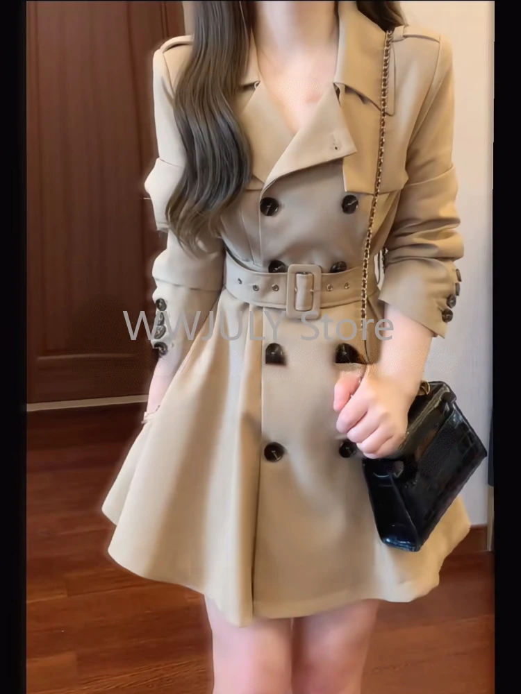 Autumn Winter Woman Korean Fashion Tops Trench Coats Elegant Khaki Turn Down Collar Long Sleeve High Waist Slim A Line Jackets - Image 2
