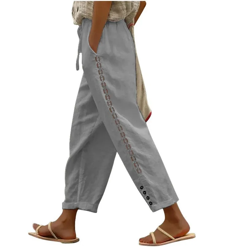 Women Fashion Embroidered Lace Trousers Vintage Lace-Up Pockets Pants Summer Elegant Loose Elastic Waist Long Pants Streetwears - Image 5
