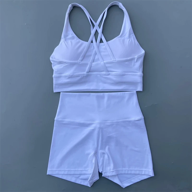 Solid Color gym bike Yoga Set short Legging +cross sport bra Tracksuit Athletic Women Gym Suit Comprehensive Training Jogging - Image 5