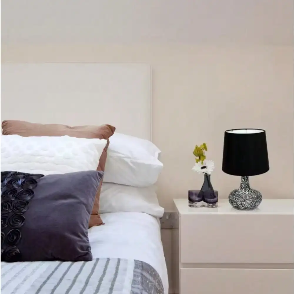 14.17 in. Mosaic Tiled Glass Genie Table Lamp with Satin Look Fabric Shade for Night Stands, Living Room, Office - Image 3