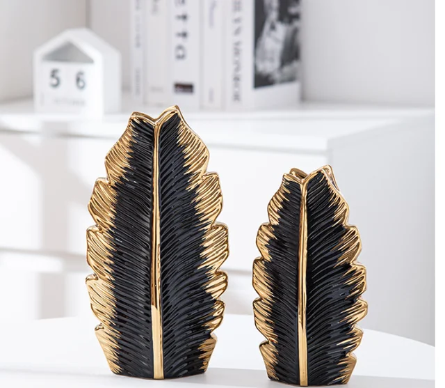 2Pcs/Nordic black gold plating leaf ceramic vase Modern simple household TV cabinet decoration vase - Image 6