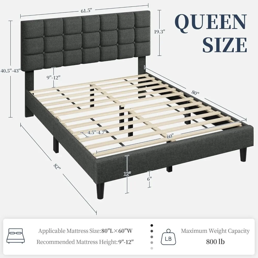 Upholstered Bed Frame, Modern Queen Bed Platform with Square Stitched&Button Tufting Headboard Height Adjustable - Image 2