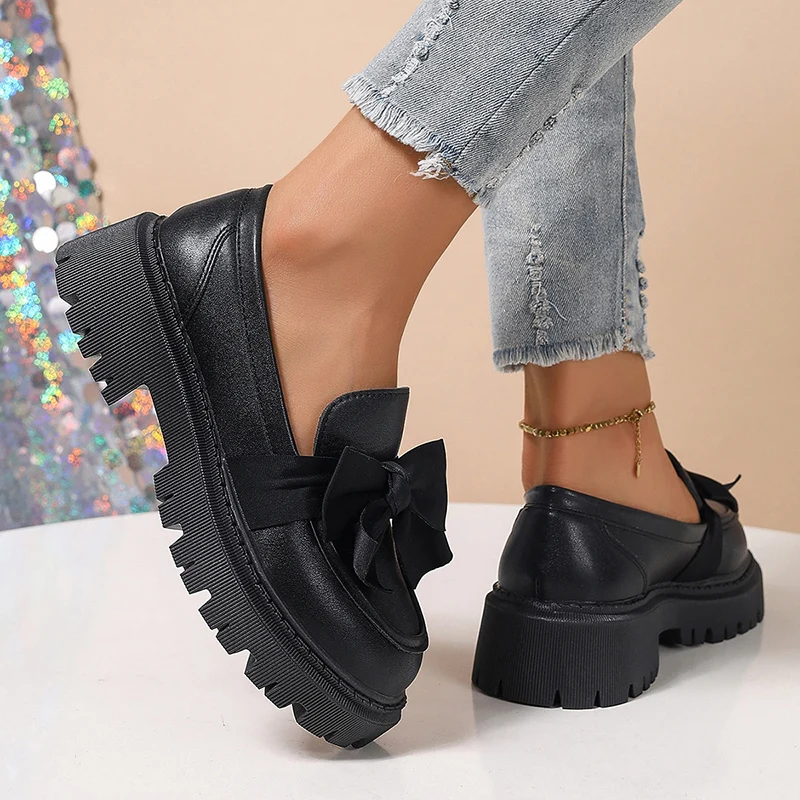 Spring Bowknot Platform Loafers Women Black Faux Leather Slip On Flats Shoes Woman College Style Thick Sole Dress Shoes Size 42 - Image 4