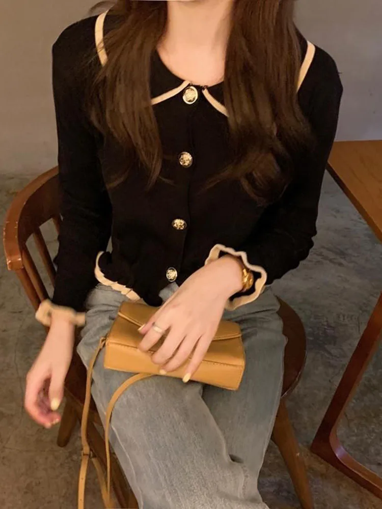 Jmprs Ruffles Sweet Cardigan Sweaters Women Fashion Slim Long Sleeve Knitted Short Coat Elegant Patchwork Korean Lady Black Tops - Image 3