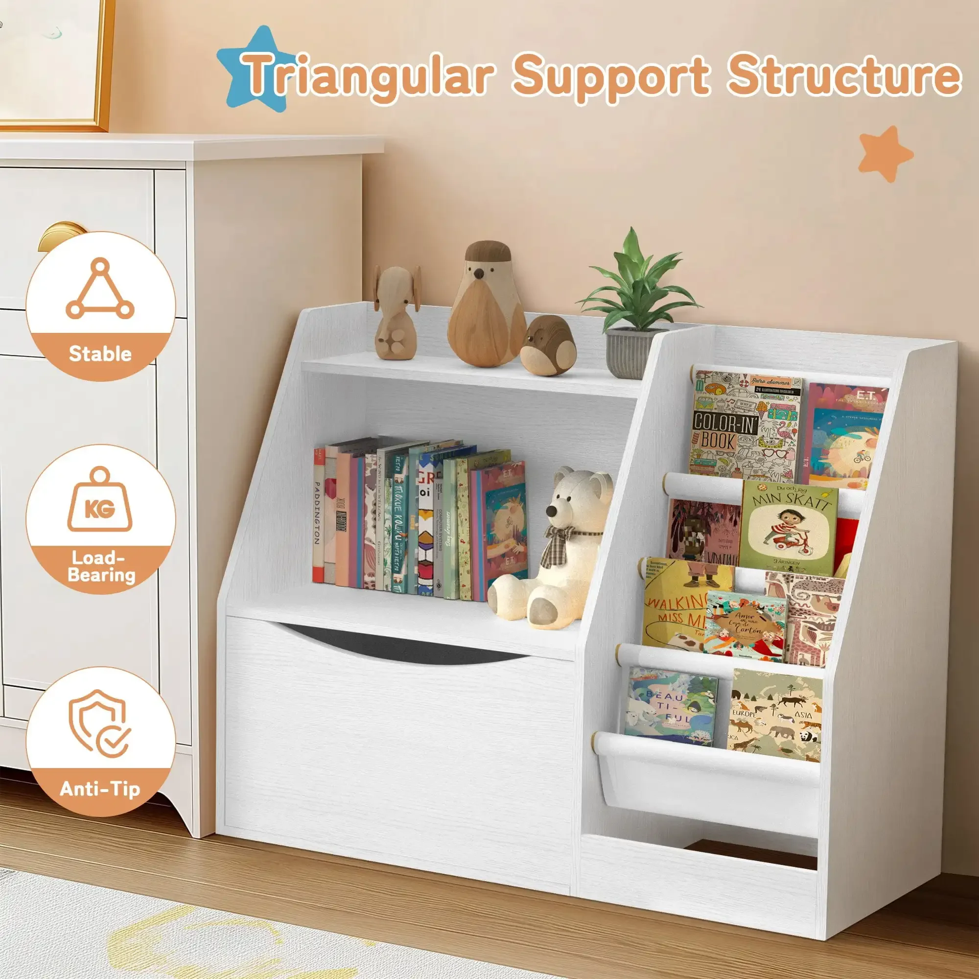 Bookshelf with Flip-Top Drawer, 3 Tier Kids Bookcase Toy Storage Organizer with 4 Layer Sling Bookshelf for Playroom Bedroom - Image 3