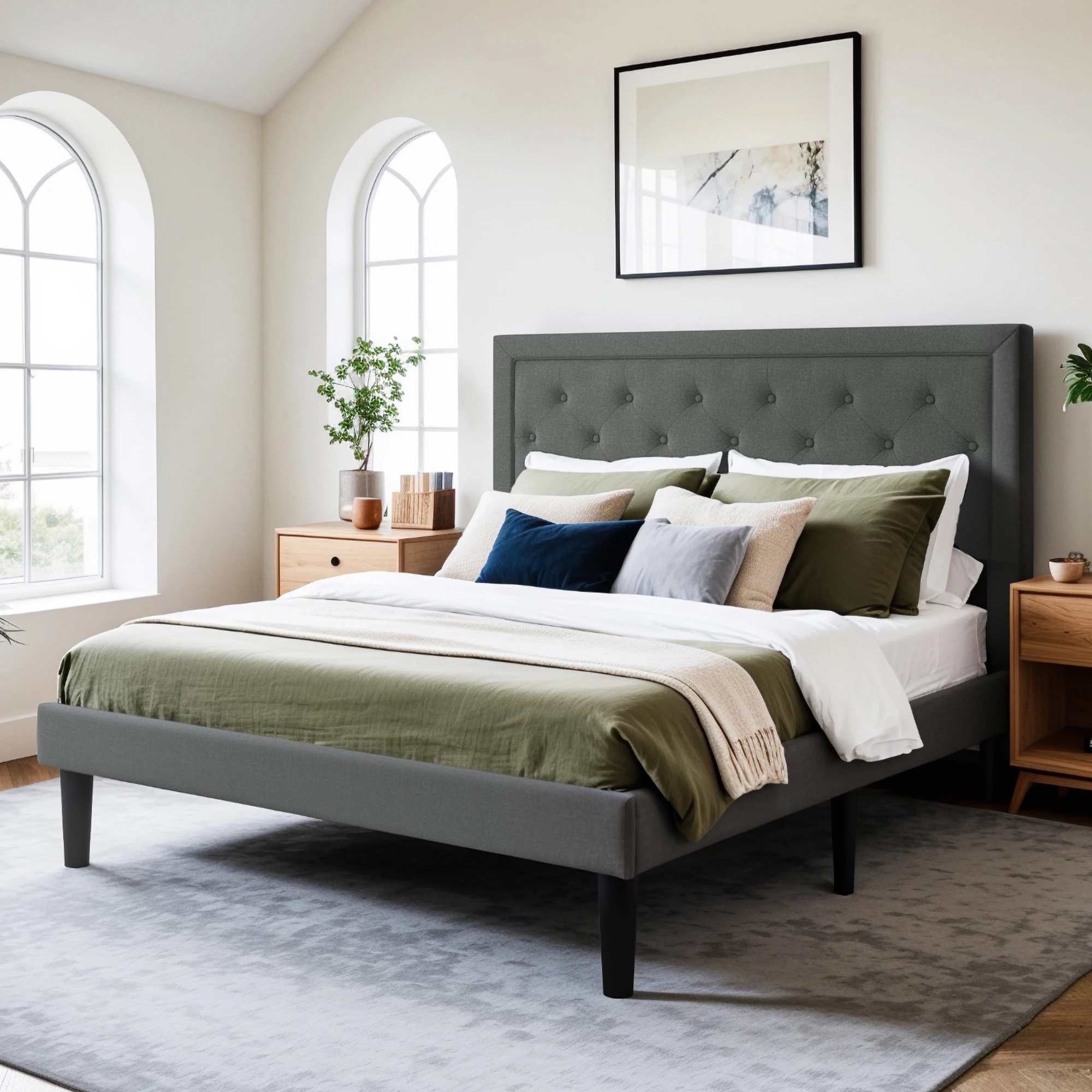 HOOMIC Upholstered Platform Bed Frame with Adjustable Modern Button Tufted Linen Fabric Headboard, No Box Spring Needed Allewie - Image 2