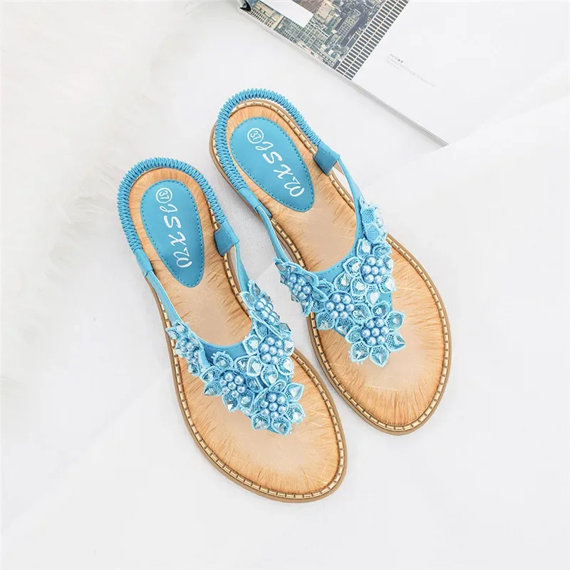 YAERNI Women Sandals New Fashion Bead Flower Round Toe Flip-flop Sandals Female Trend Summer Shoes Woman Plus Size 36-42 - Image 4