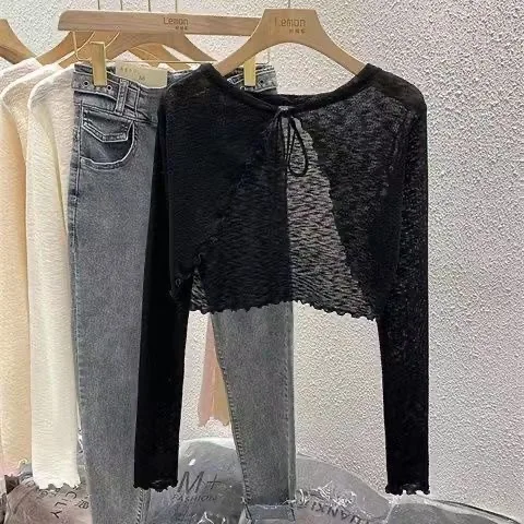 Summer Women Thin Sunscreen Cardigan Lace-up Knitwear Tops Female Korean Style Lantern Sleeve Short Coat Casual Sun Protected - Image 2