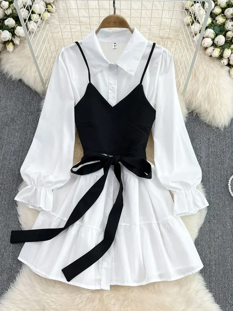 Spring Autumn New Fashion Casual Suit Female Korean Loose White Shirt Dress Slim Vest Dress Two-piece Set GD786 - Image 4