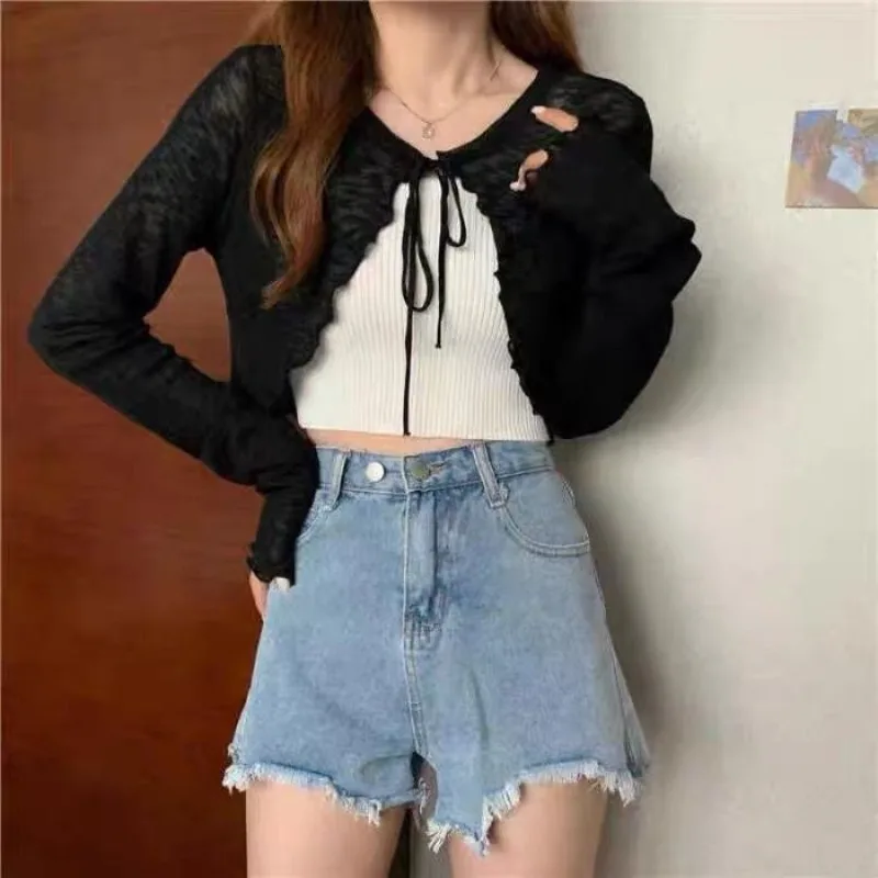 Summer Women Thin Sunscreen Cardigan Lace-up Knitwear Tops Female Korean Style Lantern Sleeve Short Coat Casual Sun Protected - Image 3
