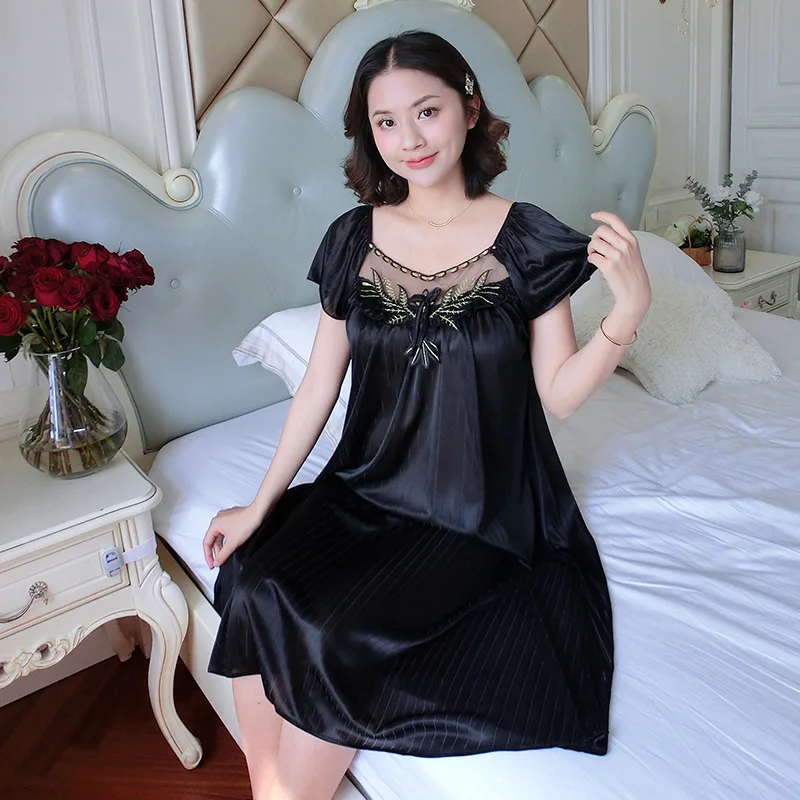 Ladies Nightdress Sexy Ice Lace Large Size Solid Color Flower Pajamas Thin Short-sleeved Lace Skirt Night Dress Women Dress - Image 4