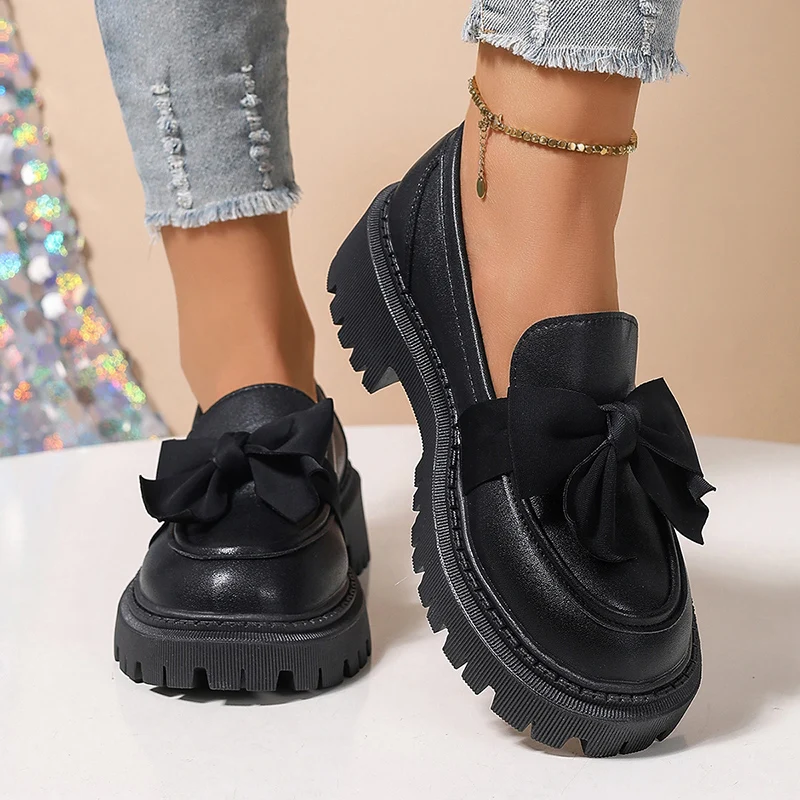 Spring Bowknot Platform Loafers Women Black Faux Leather Slip On Flats Shoes Woman College Style Thick Sole Dress Shoes Size 42 - Image 3