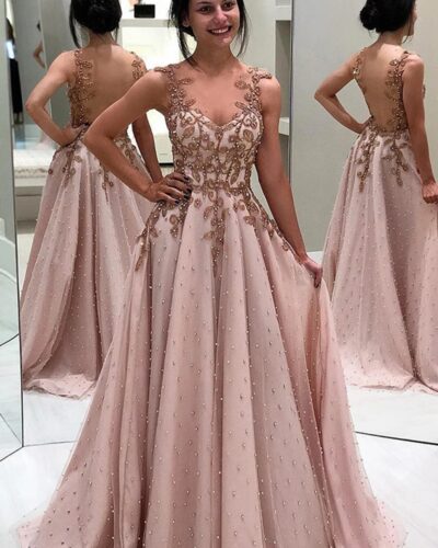 A-Line Pink Prom Dress with Appliques & Pearls | Illusion Backless Floor-Length Chiffon Evening Gown