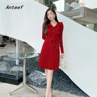 Anteef Long Sleeve Knitted Vintage Pleated Midi Dress Women Spring Autumn Elegant Sweater Dress