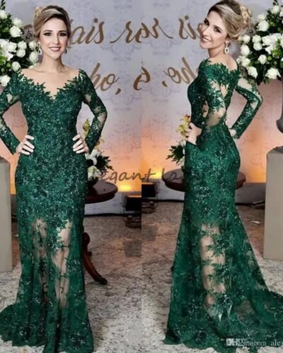 Emerald Green Evening Gown | Sheer Jewel Neck Lace Applique Long Sleeve Mermaid Prom Dress